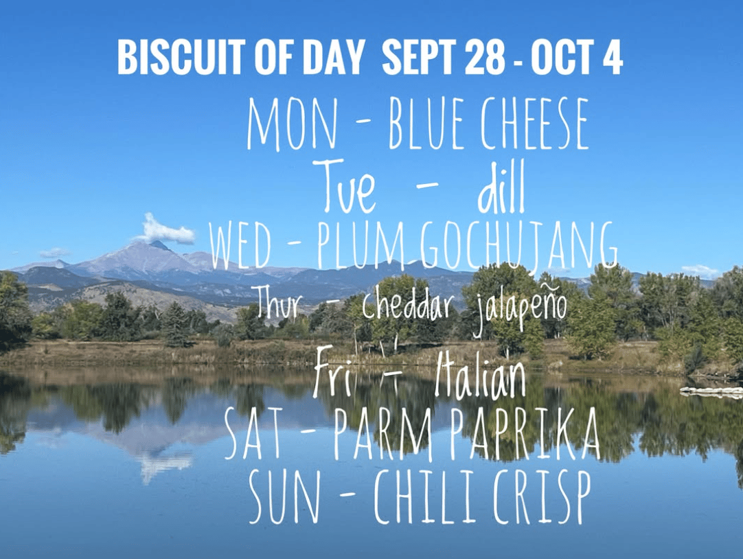 Biscuit Mike’s biscuit-of-the-day schedule, September 28–October 4, with a flavor listed for each day.