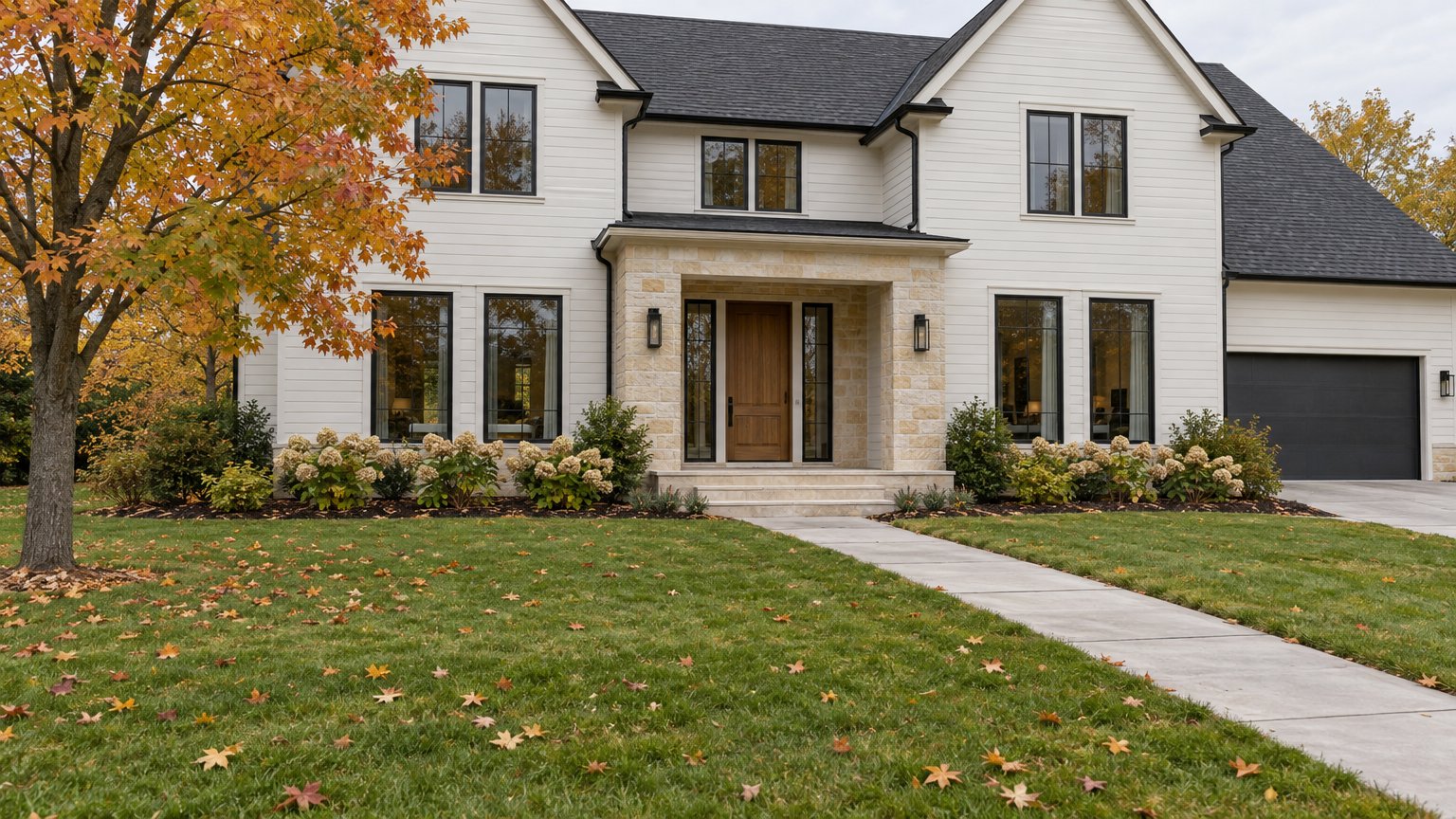 White two-story house with a limestone entry, dark garage door, and orange maple in autumn.