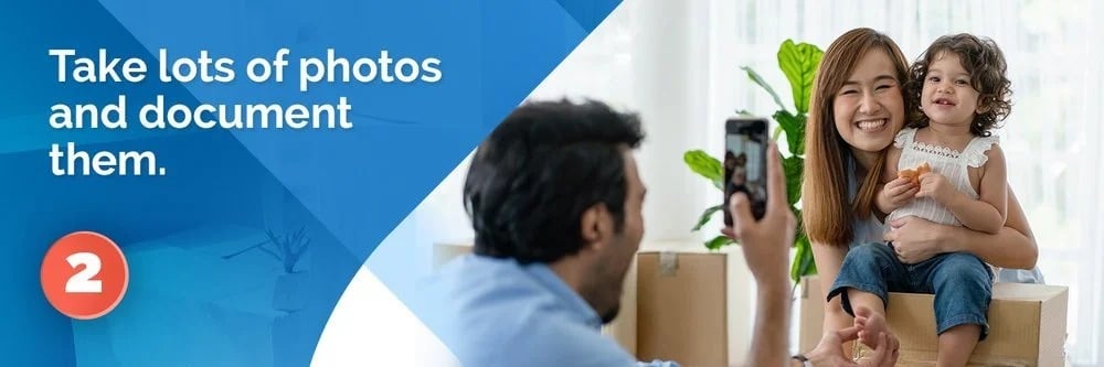 Tip 2: Take lots of photos and document them; a father photographs a mother and child on moving boxes.