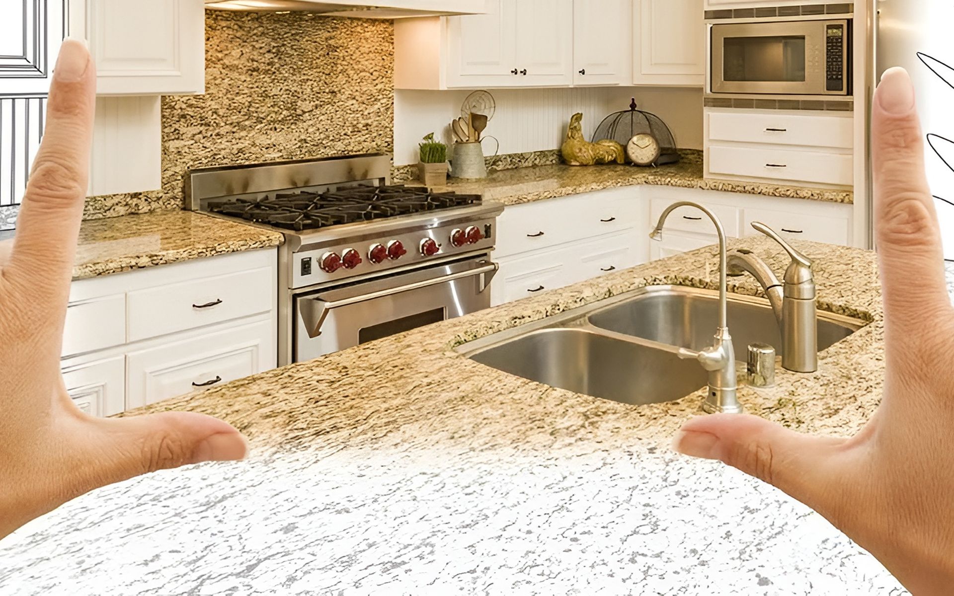 Renovated kitchen with white cabinets, granite counters, stainless steel range, and double-basin sink.