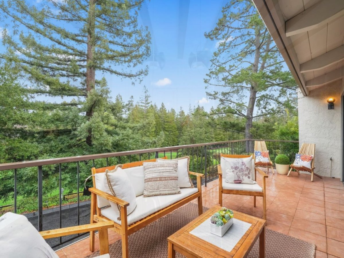 Sharon Heights, Menlo Park, California, home patio surrounded by mature trees