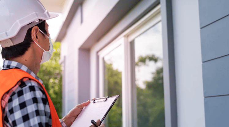 Home inspector checks a house window and exterior siding while holding a clipboard.