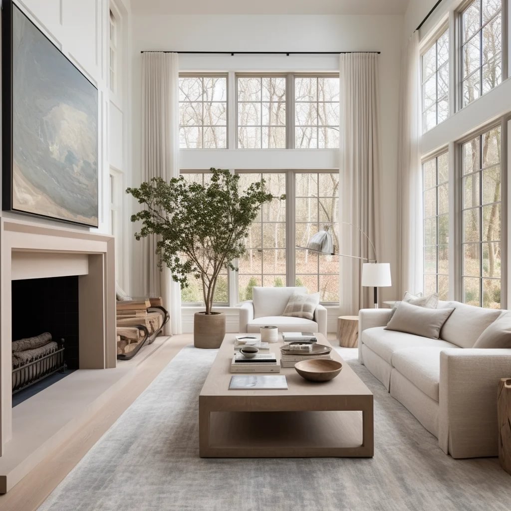 Living room with tall windows, a fireplace, and white sofas