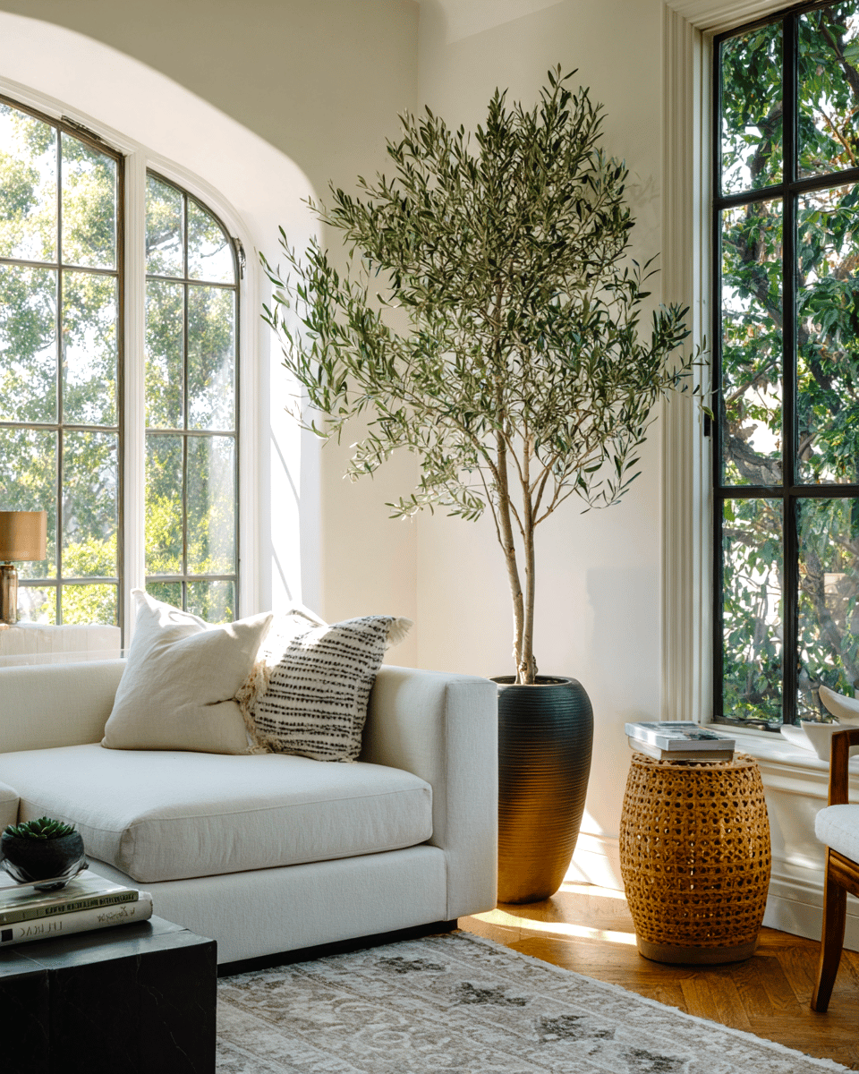 Living room with a white sofa, tall potted tree, and large arched windows.