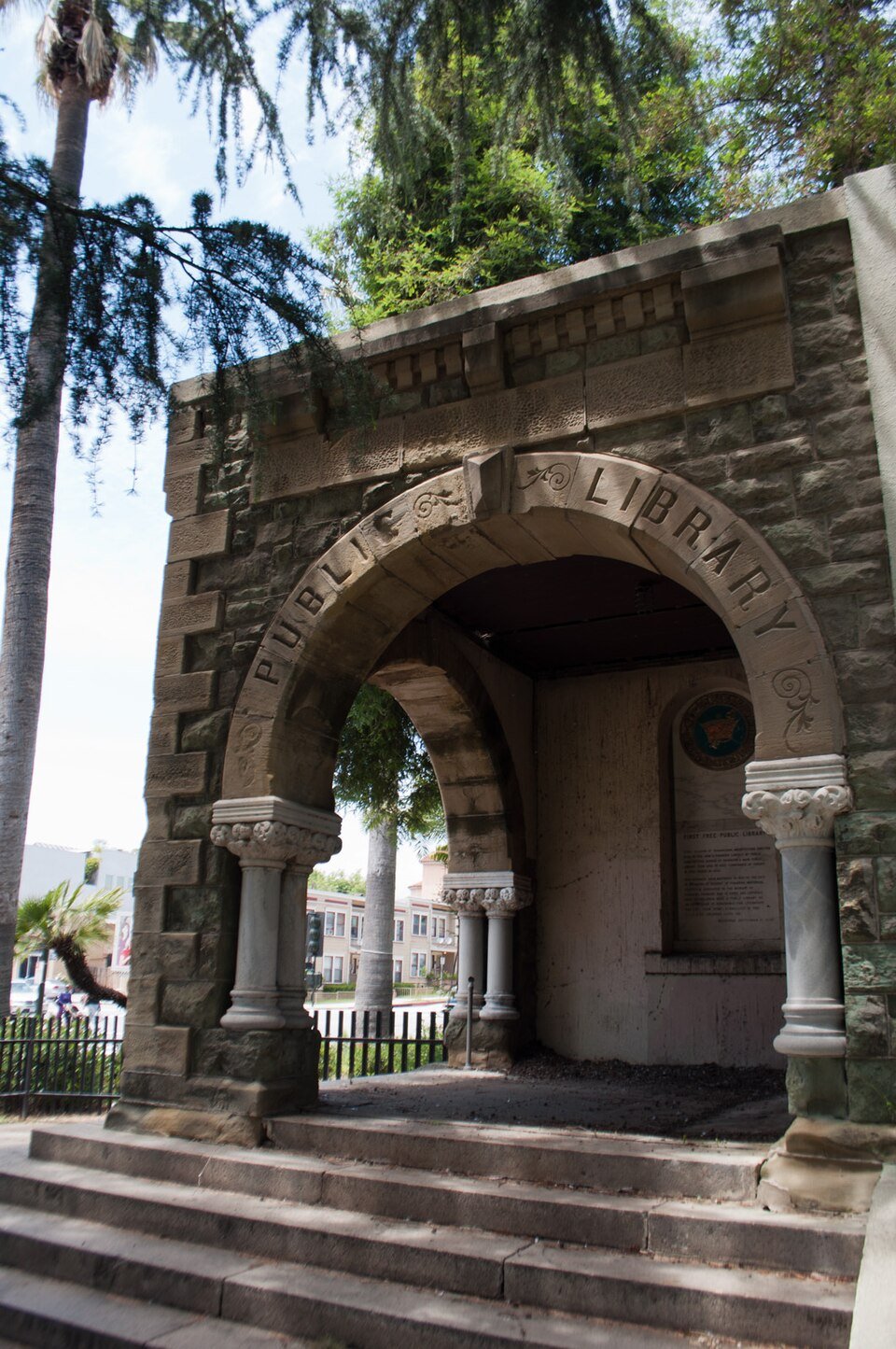 Historic Pasadena library entrance arch preserved in Memorial Park, photographed June 2011