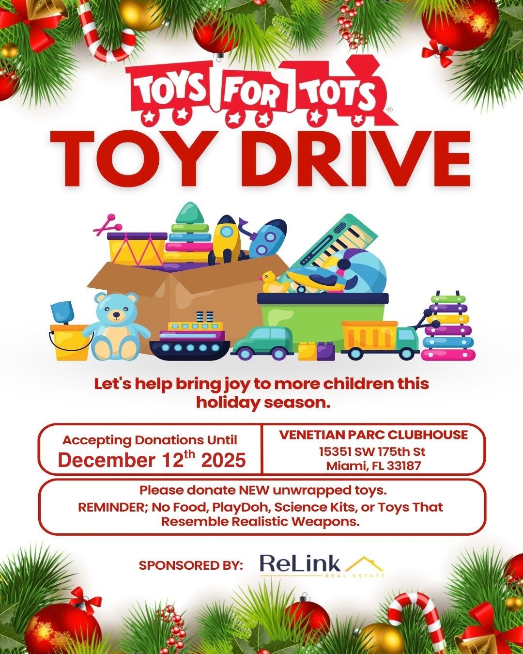 ReLink Real Estate Annual Toy Drive for Toys for Tots at Venetian Parc Clubhouse in Miami, collecting new unwrapped toys through December 12, 2025.