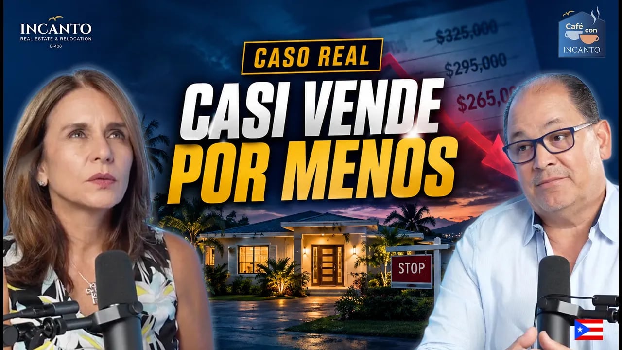 “Caso Real: Casi vende por menos” video thumbnail with two presenters and a house at dusk.