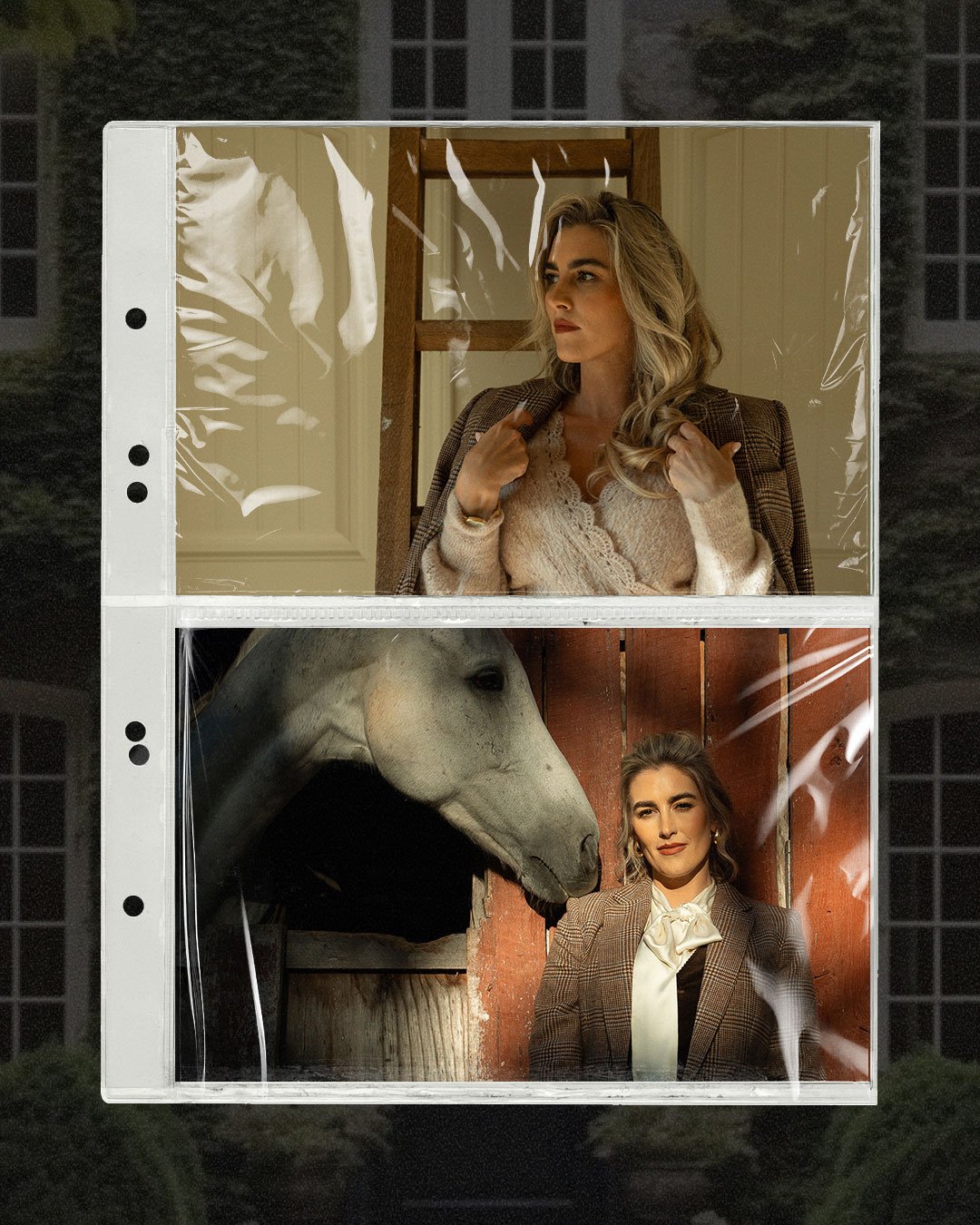 Real estate agent in a checked blazer, pictured in a doorway and beside a white horse.