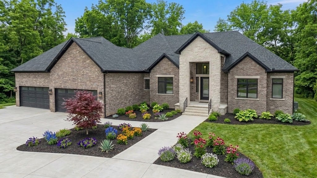 Brick home with a two-car garage, colorful landscaping, and a broad concrete driveway.