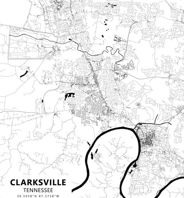 Map of Clarksville, Tennessee, with street layouts and several routes or boundaries emphasized in black.