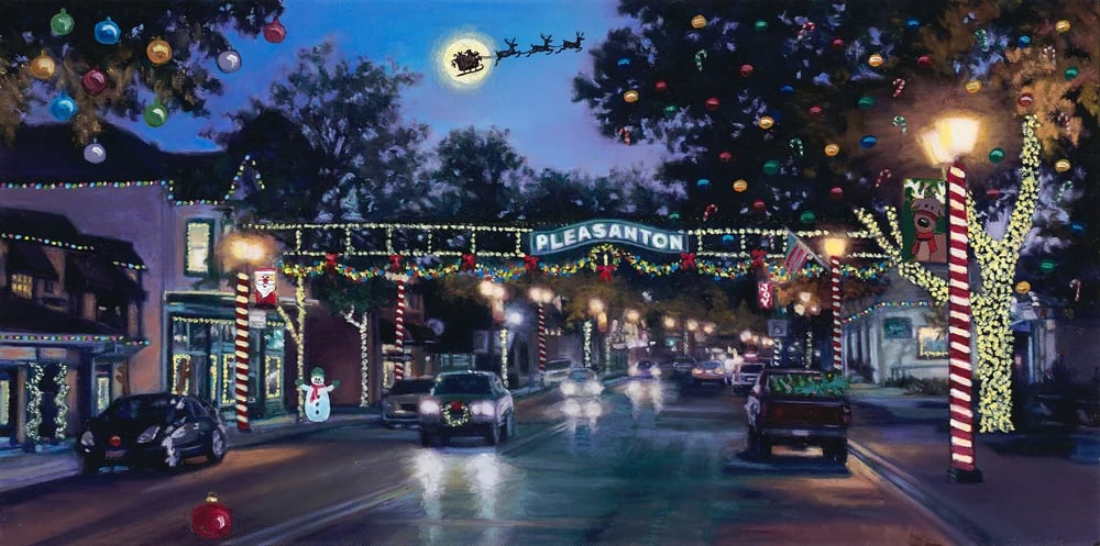 Main Street in Downtown Pleasanton decorated with Christmas lights for the holiday season.