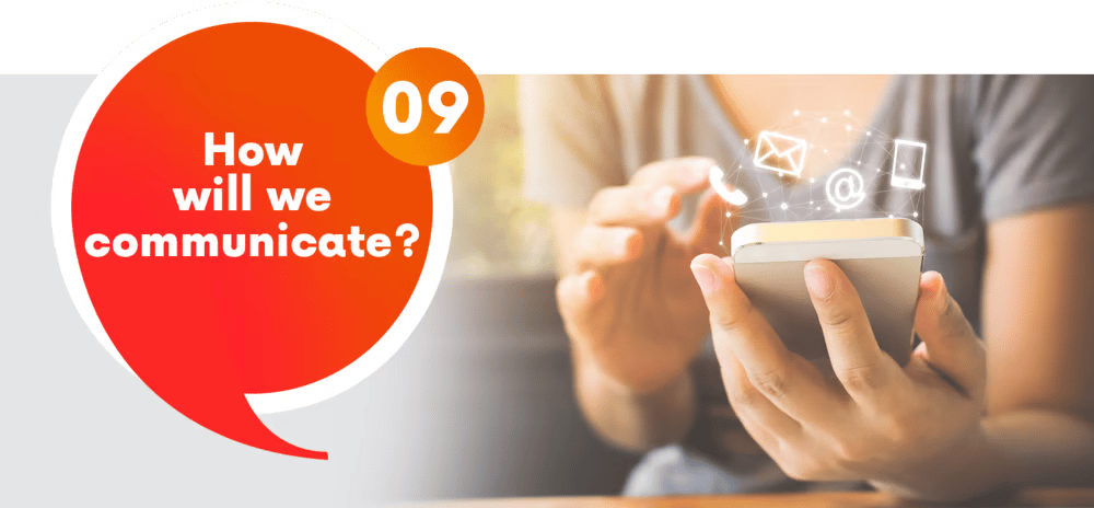Question 09: How will we communicate? A person holds a smartphone with communication icons.