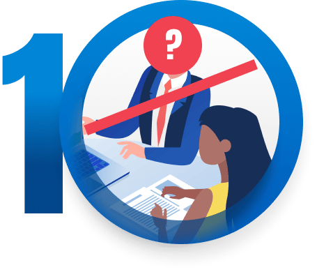 Illustration for sign 1: a question-mark figure behind a red slash faces a person reviewing paperwork.
