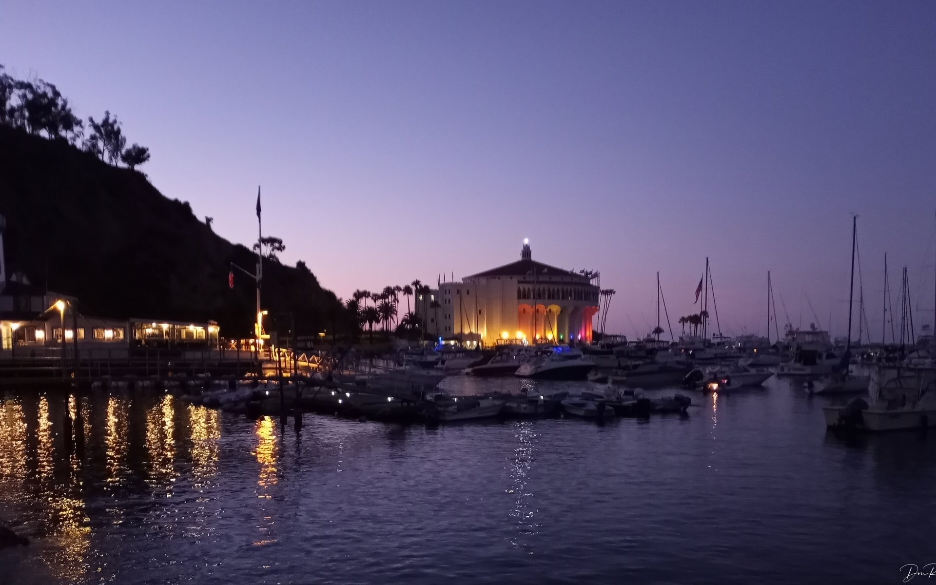 Catalina Casino and moored boats at dusk in Avalon