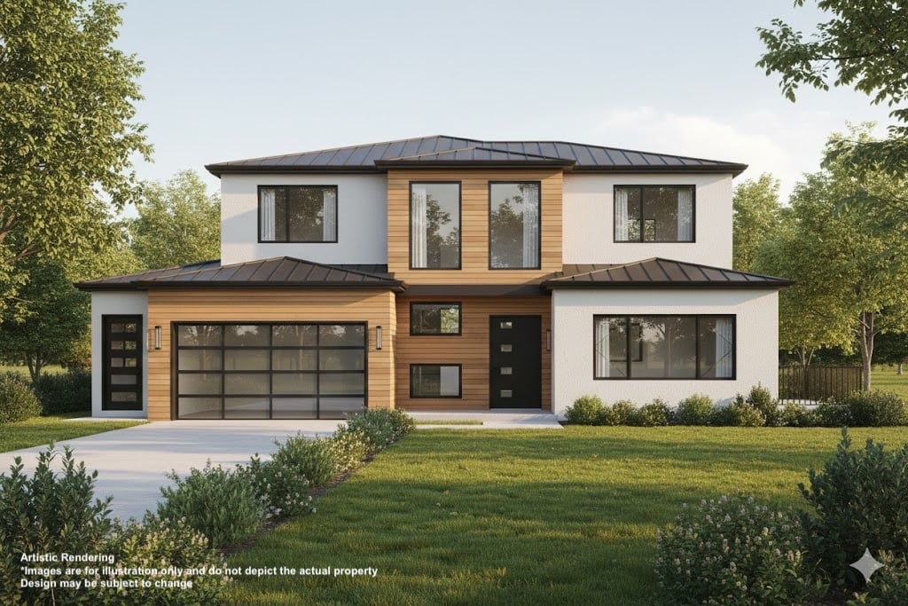 Artist's rendering of a modern two-story home with wood accents and an attached garage.