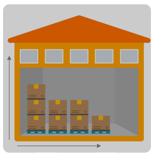 Storage unit with stacked boxes and arrows indicating its dimensions.