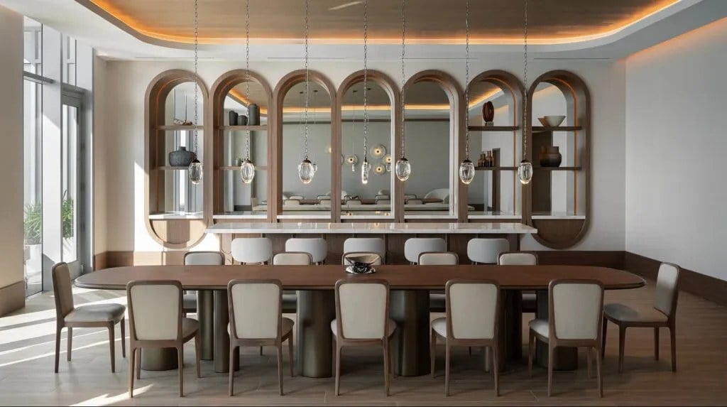 ONE Park Tower club room with bar seating and decorative shelving.