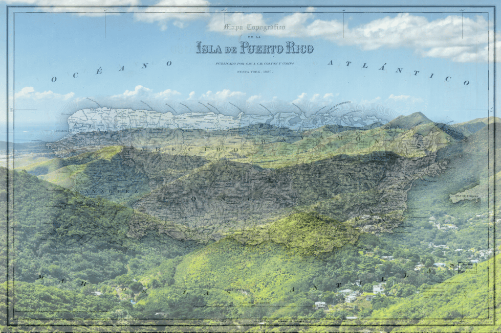 "Historic Puerto Rico map overlaying lush modern mountainous landscape.