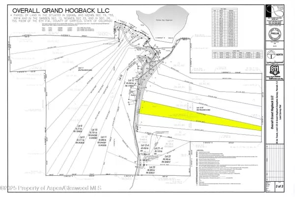 Land plat map with a long parcel highlighted in yellow.