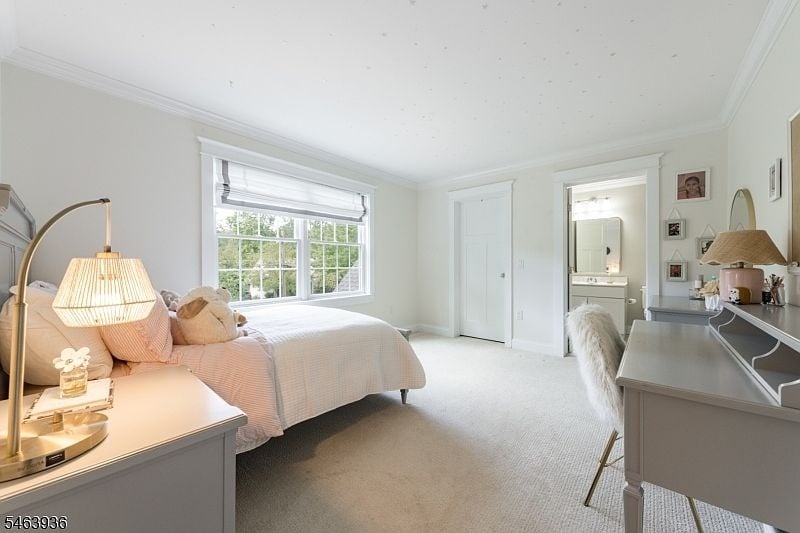 Bright bedroom with a large bed beneath a wide window and an adjoining bathroom.