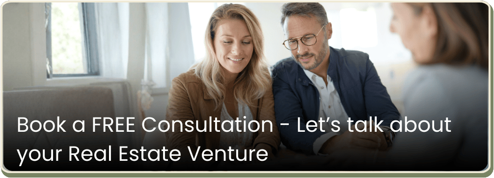 Real estate consultation with a woman and man reviewing a document; banner invites viewers to book a free consultation.