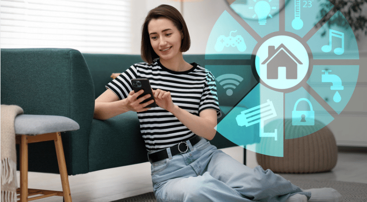 Woman uses a smartphone beside smart-home icons in a living room.