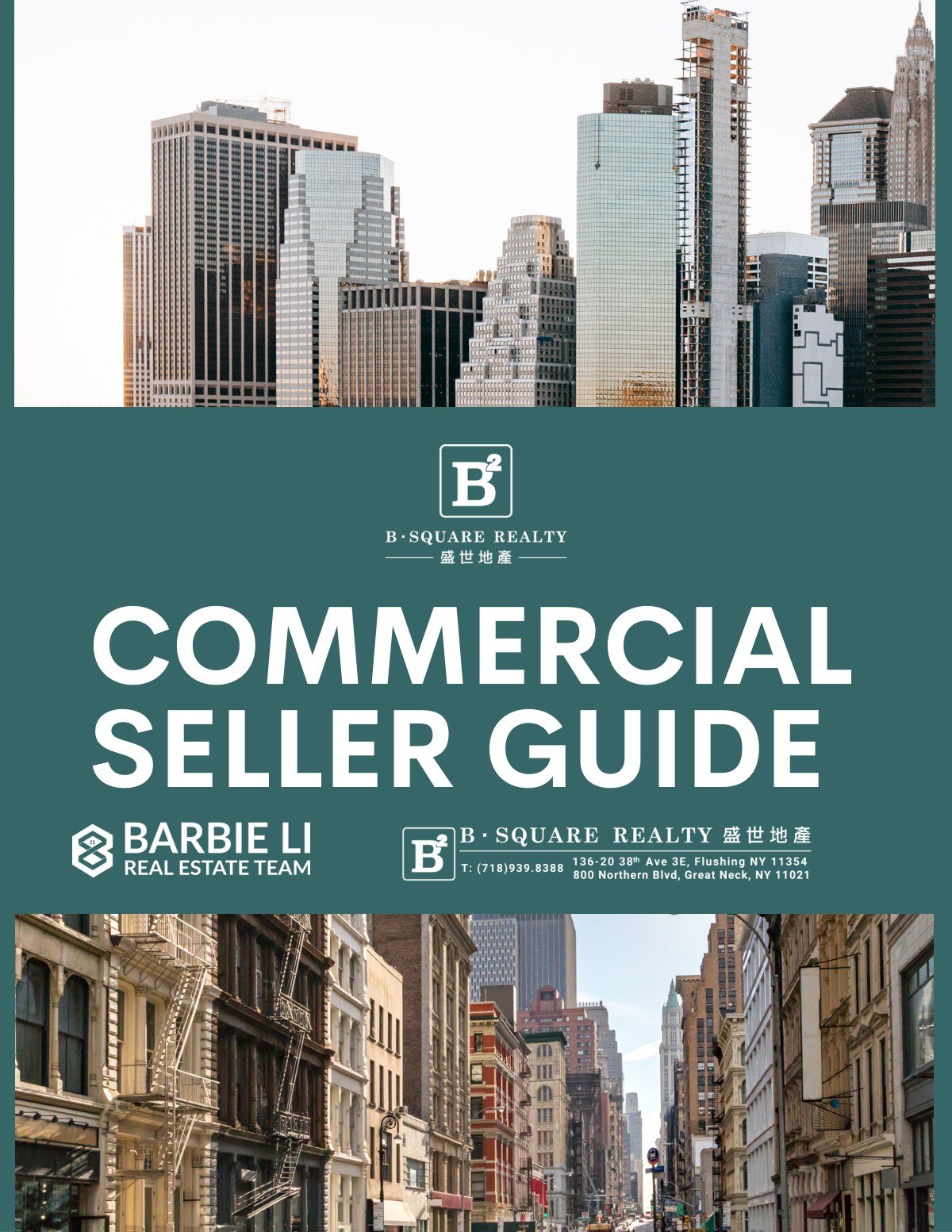 Commercial Seller Guide cover for Barbie Li Real Estate Team and B·Square Realty, with city skyline and street photos.
