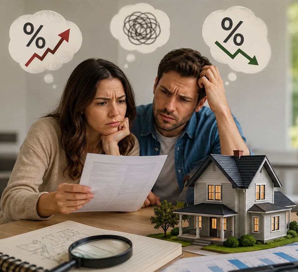Worried couple reviewing mortgage papers beside a model house under rising and falling rate symbols.