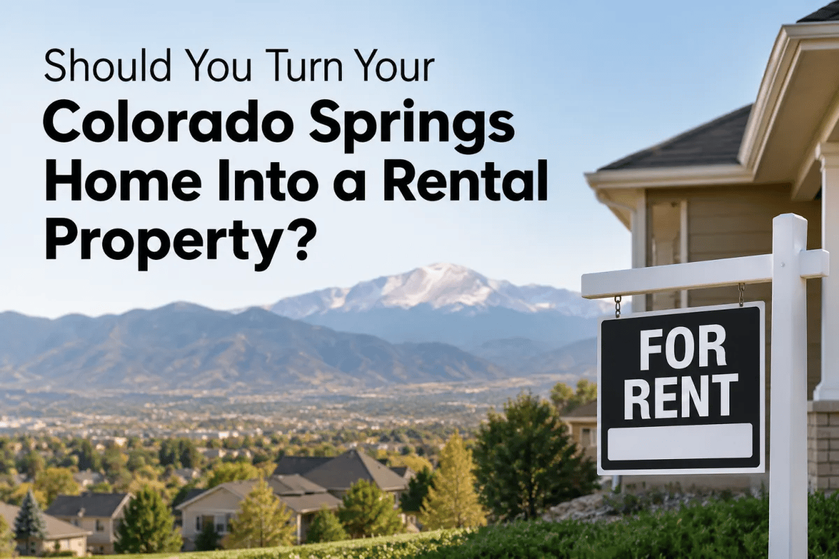 Colorado Springs rental property article graphic with a for-rent sign, homes, and mountains.
