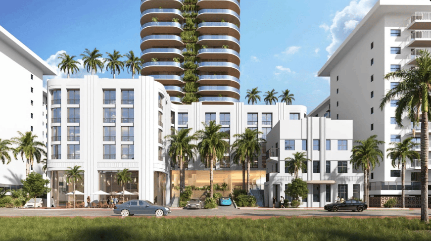 Modern condominium tower rising behind white buildings and palm-lined street frontage.
