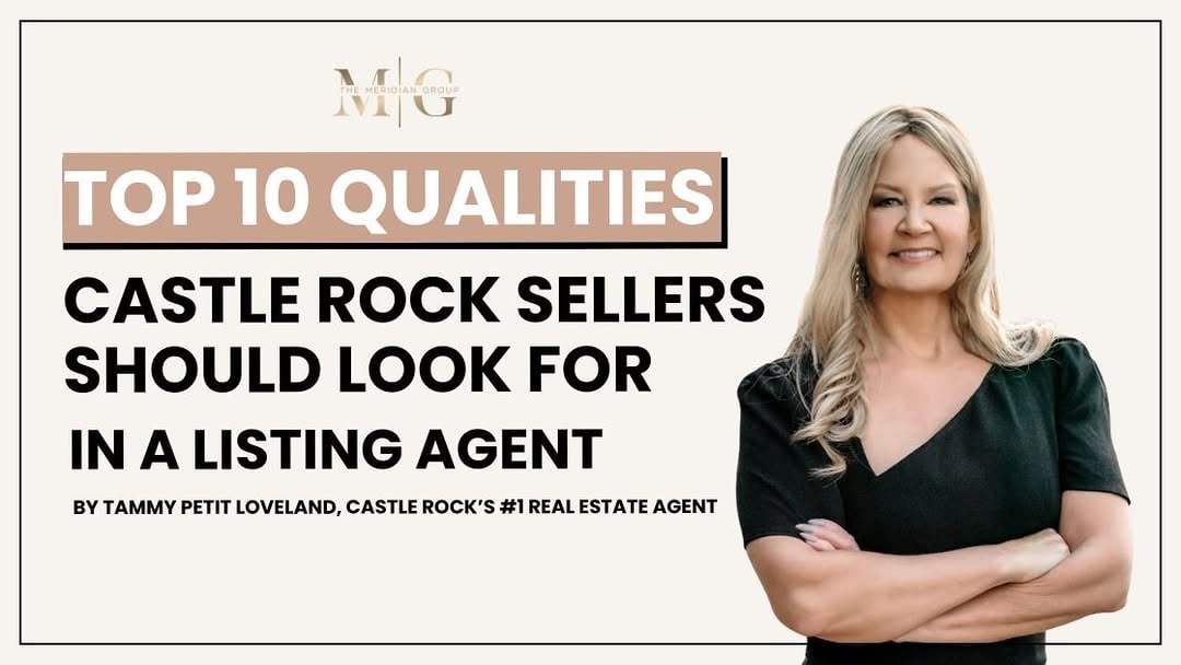 Infographic listing 10 essential qualities of top Castle Rock CO listing agents, featuring market charts and sold home signs.