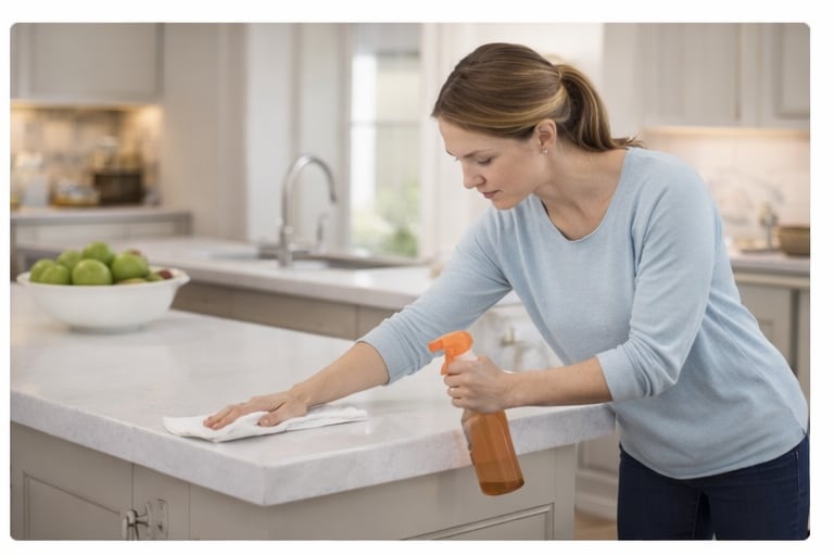 Homeowner cleaning kitchen countertops while preparing a home for sale in Connecticut
