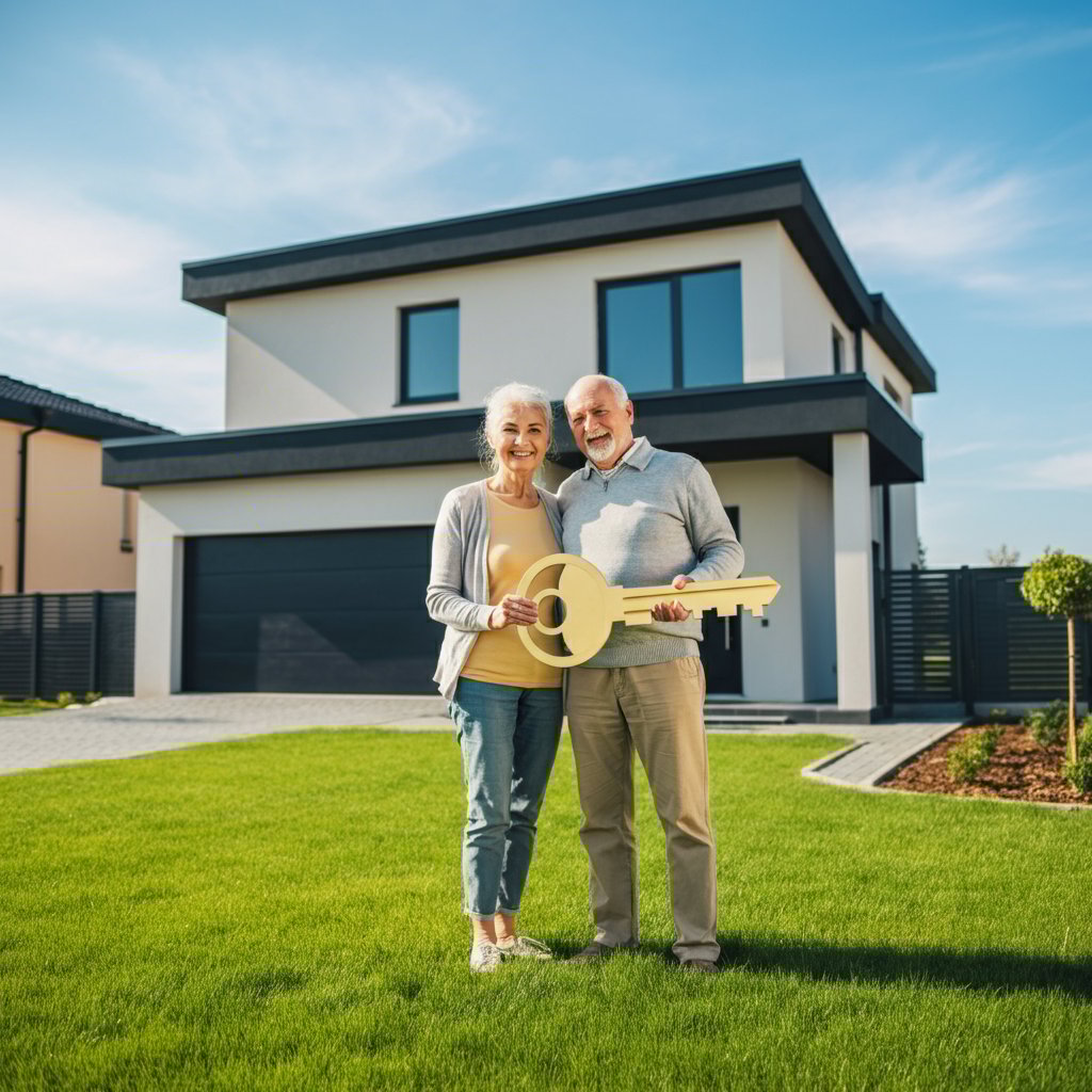 Happy senior homeowners smiling and holding a large key in front of their new house, celebrating real estate success on a lush green lawn