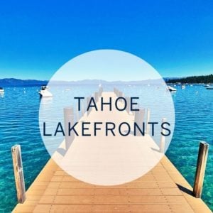 Tahoe Lakefronts graphic over a dock extending into blue lake water.