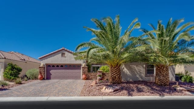 Stucco home with a two-car garage, wide driveway, and tall palm trees in the front yard.