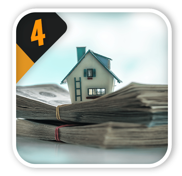 Number 4 above a small house behind stacks of money.