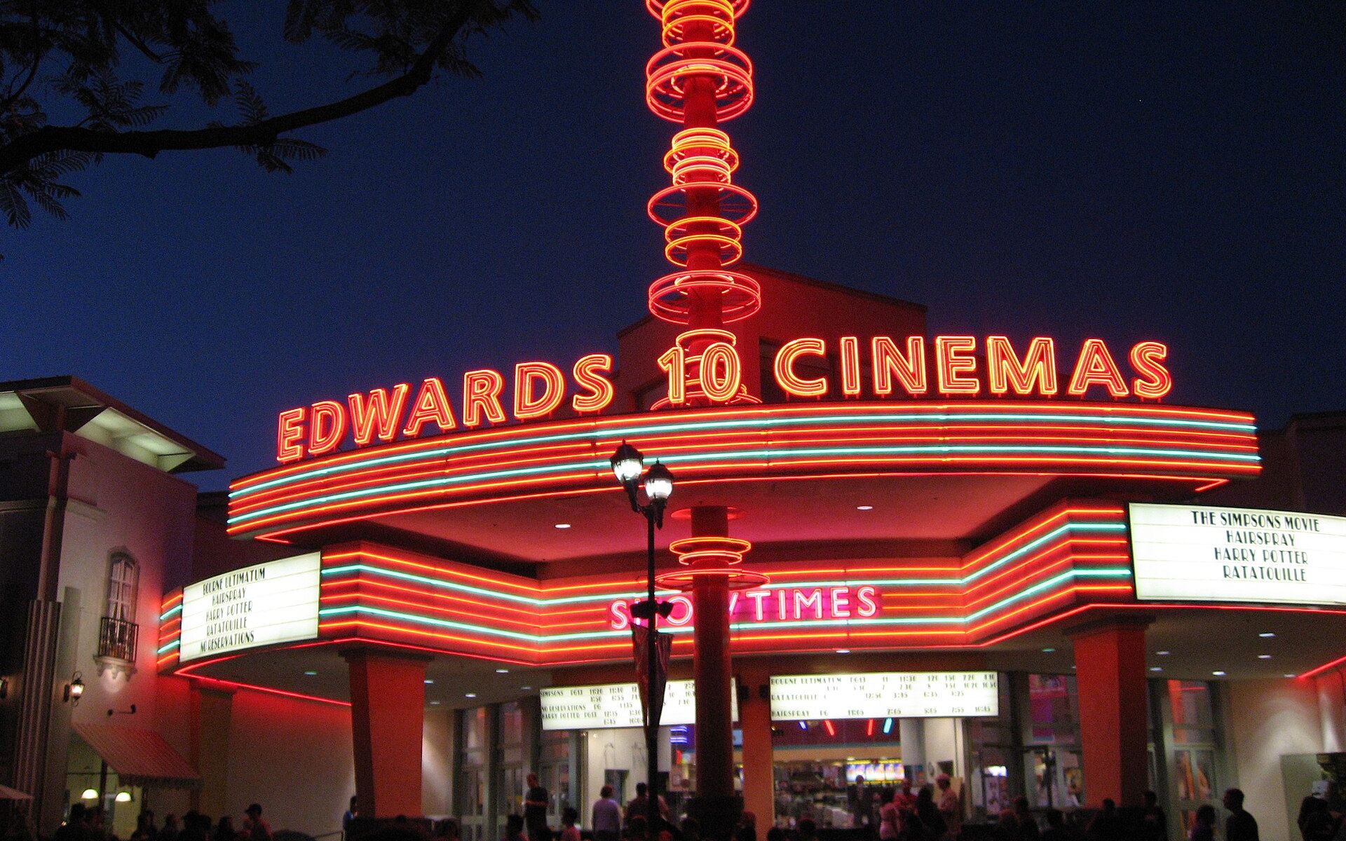 Archival night view of the Edwards cinema marquee in Downtown Brea