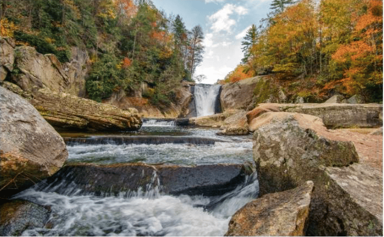 Waterfall flowing over rocky ledges beneath colorful autumn trees.