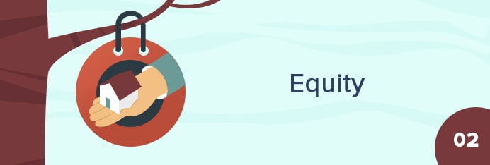 Equity infographic panel with a hand holding a small house, numbered 02.