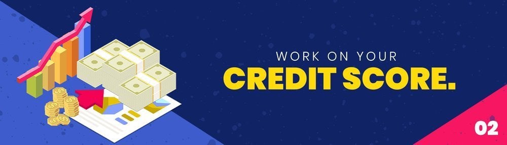 Work on your credit score, with an upward chart and illustrations of cash and coins.