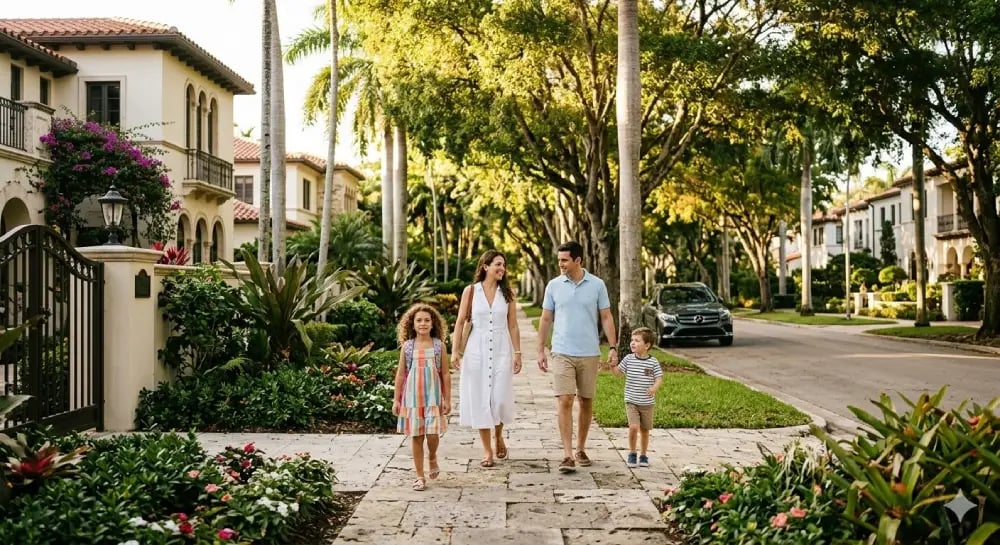 Street-level photograph of a tree-lined boulevard in an upscale Miami residential neighborhood, lush tropical canopy overhead, a family of four walking along a wide sidewalk past Mediterranean-style luxury homes.