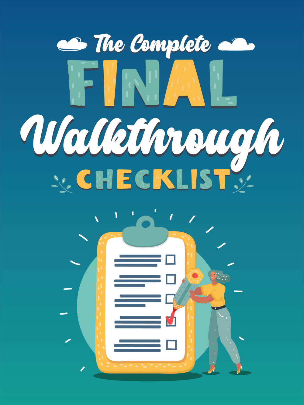 Final walkthrough checklist graphic with a person checking items on a clipboard.