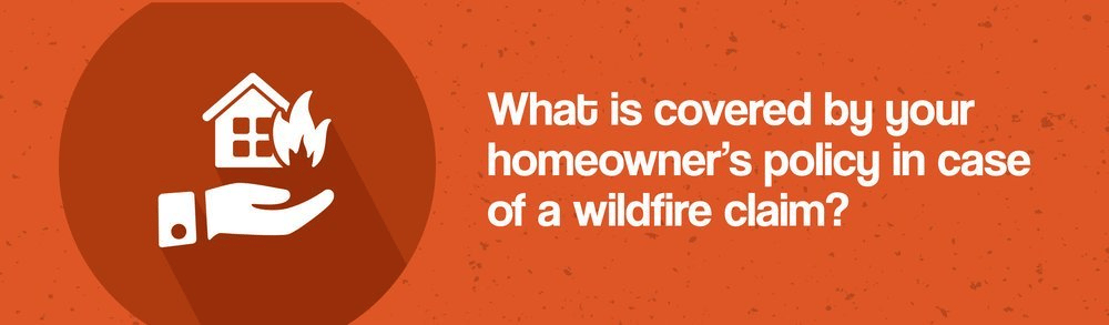 Wildfire insurance coverage question with an icon of a hand holding a house beside flames.