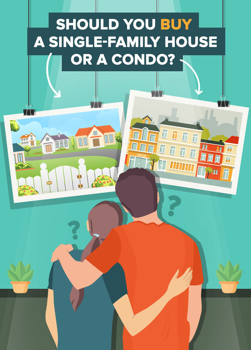 Illustration comparing a single-family house and a condo for homebuyers.