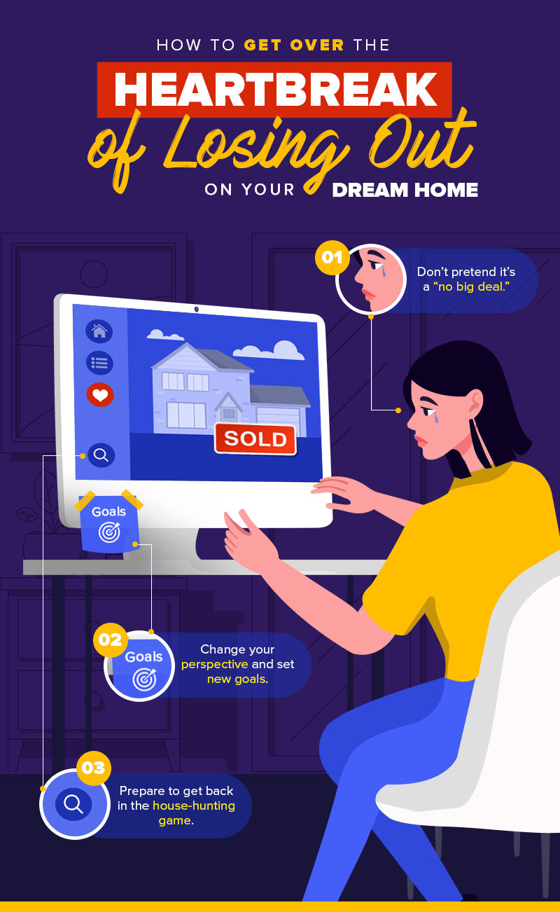 Infographic on coping with losing out on a dream home, with three tips and an illustration of a sold house.