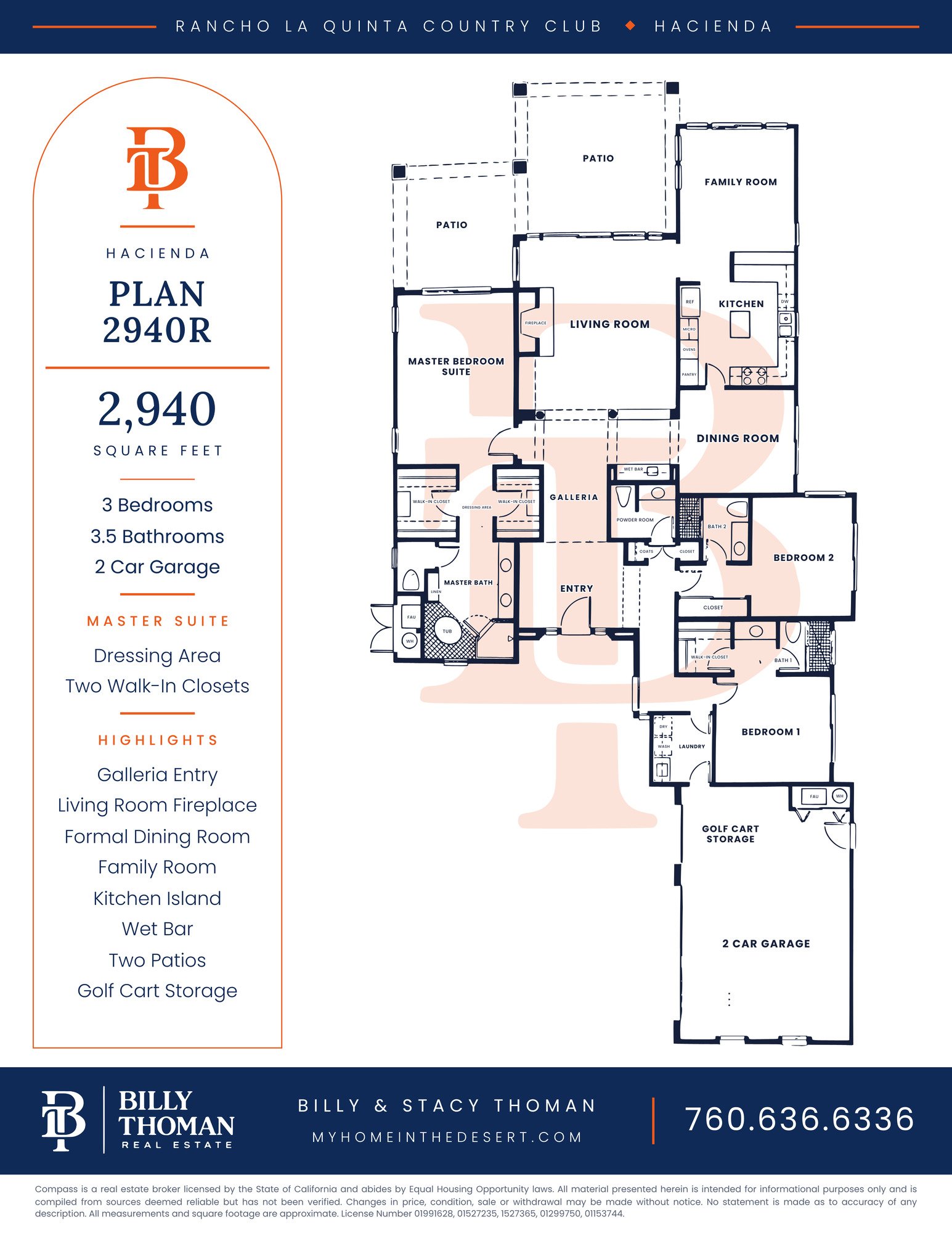 Rancho La Quinta Country Club Hacienda 2940R floor plan, 3 bedroom 3.5 bath 2,940 sq ft single story home with galleria entry