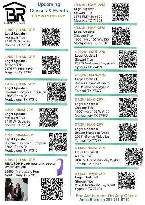 Bierman Realty upcoming classes and events schedule with dates, locations, and QR codes.