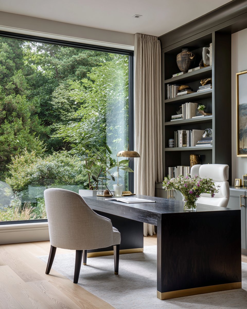 Furnished office with a dark desk, built-in shelves, and a large window overlooking greenery.