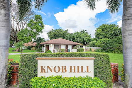 Knob Hill neighborhood sign with a single-story home and palms behind it.