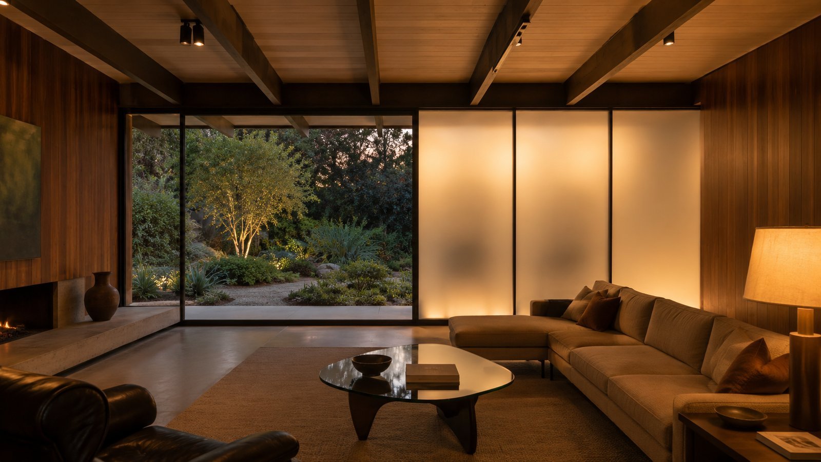 Concept illustration of a midcentury living room interior with one section of glass wall clear to the garden and an adjacent section softly diffused for privacy.